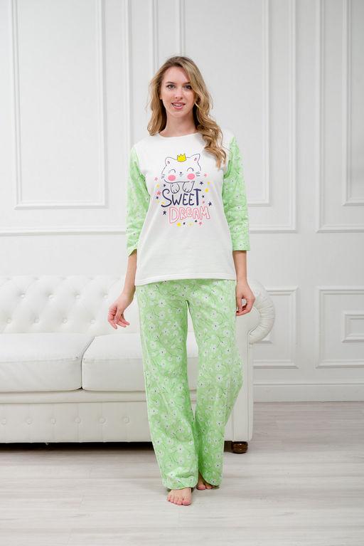 Пижама женская из футера Кисонька нежно-зеленый - Амадэль фото 9
