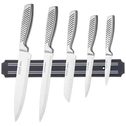 НАБОР НОЖЕЙ AGNESS 6 ПР.С МАГНИТНЫМ ДЕРЖАТЕЛЕМ И РУЧКОЙ ИЗ НЕРЖ.СТАЛИ