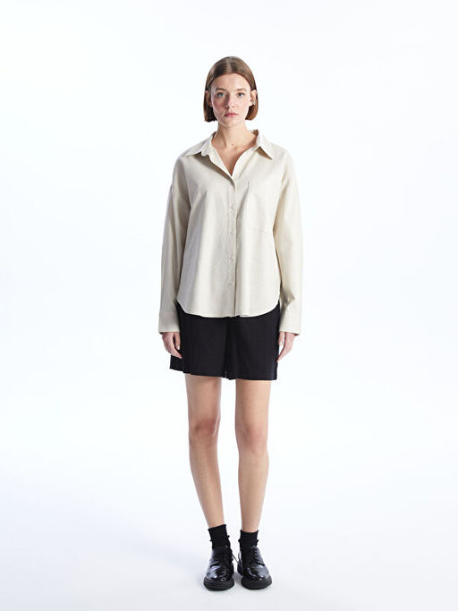 D?z Uzun Kollu Oversize Keten Kar???ml? Kad?n G?mlek