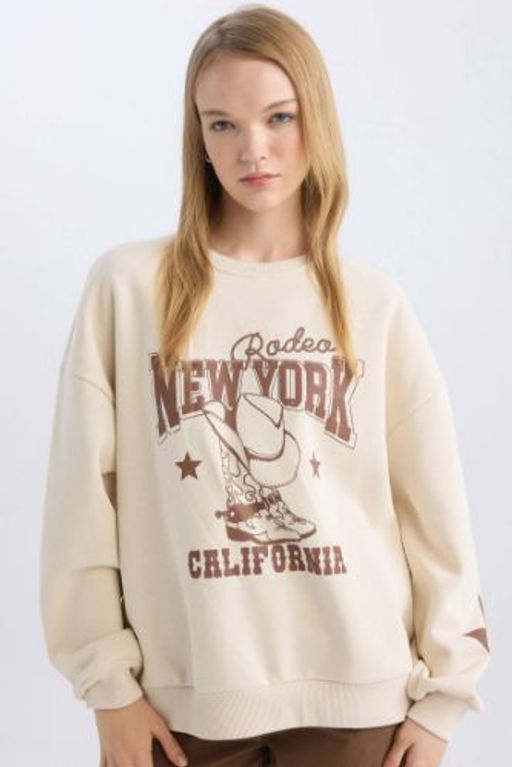 Coool Oversize Genis Kal?p Bisiklet Yaka Bask?l? Kal?n Sweatshirt