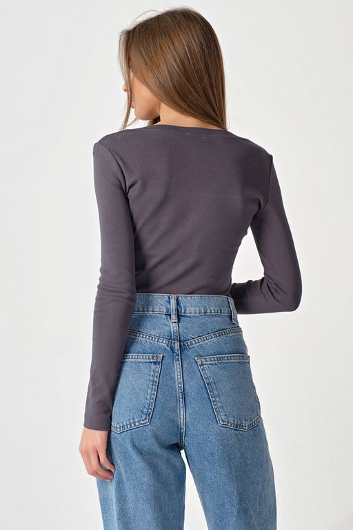 Лонгслив трикотажный с квадратным вырезом из хлопка хаки - Fly фото 7