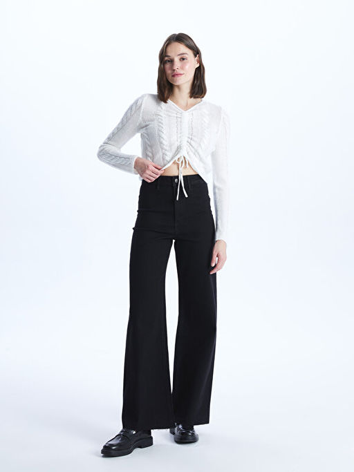 V Yaka Kendinden Desenli Uzun Kollu Kad?n Triko Kazak