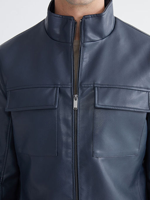 Standart Kal?p Dik Yaka Erkek Deri G?r?n?ml? Ceket