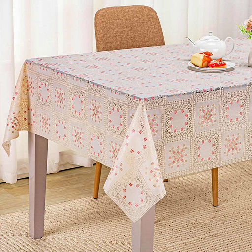 LACE Клеенка столовая ажурная ПВХ 1,37х20м Незабудки бежевый фон, цветное тиснение, матовая, на пленке (Китай) Цена указана за 1 м/п. В рулоне 20м. - Домашняя мода фото 2