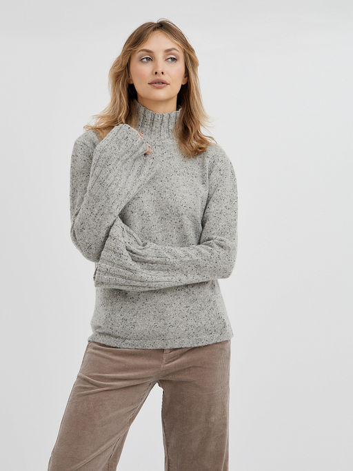 серая меланжевая водолазка с воротником стойкой и с расклешенными рукавами - Glenfield фото 6