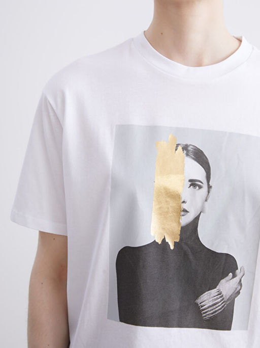 Bisiklet Yaka Bask?l? Oversize Kad?n Ti??rt