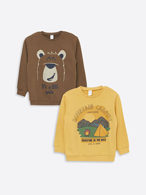 Bisiklet Yaka Uzun Kollu Bask?l? Erkek Bebek Sweatshirt 2li