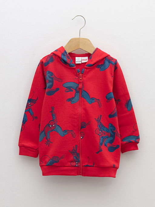 Kap??onlu Uzun Kollu Spiderman Bask?l? Erkek Bebek Fermuarl? Sweatshirt