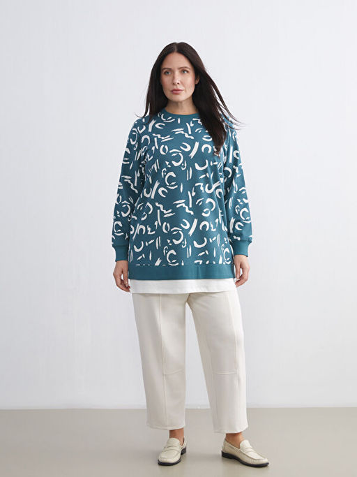 Bisiklet Yaka Desenli Kad?n Sweatshirt Tunik