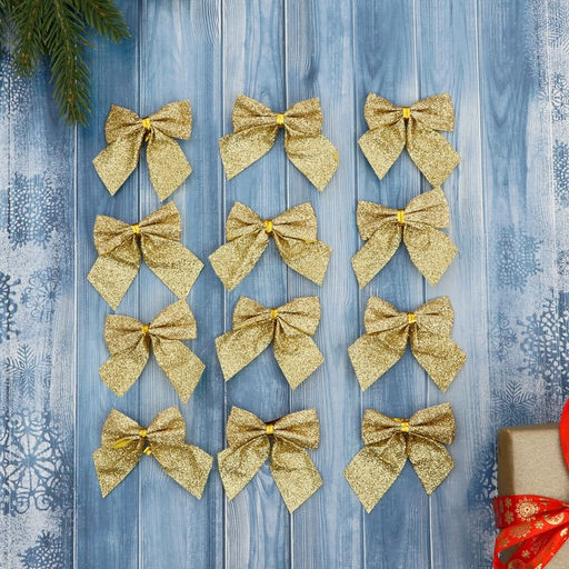 Цена за 2 шт. Ёлочные игрушки 12 шт. Зимнее волшебство. Бантик с блеском пластик, 4.55.5 см, золото