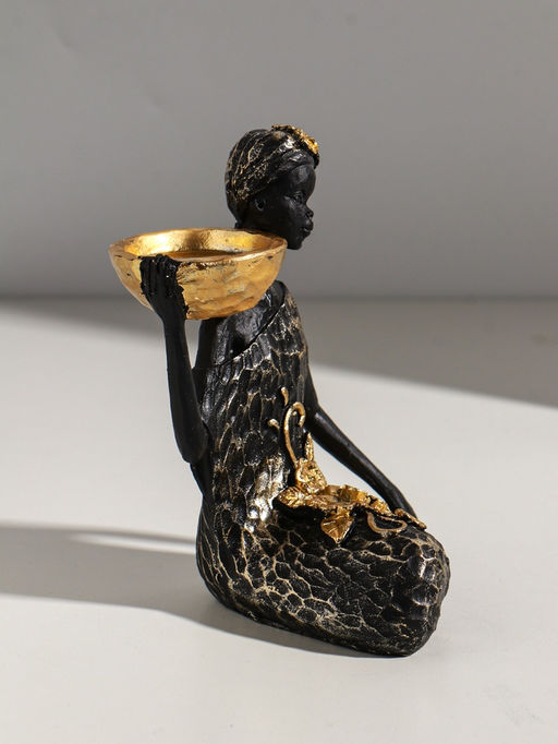 Фигурка - подсвечник на 1 свечу «Африканка в чёрном платье с цветами с золотом», полистоун, d=4.5 см, 11×13×16 см