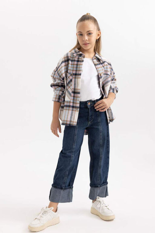 Широкие джинсовые брюки с отворотами для девочек - Defacto фото 4