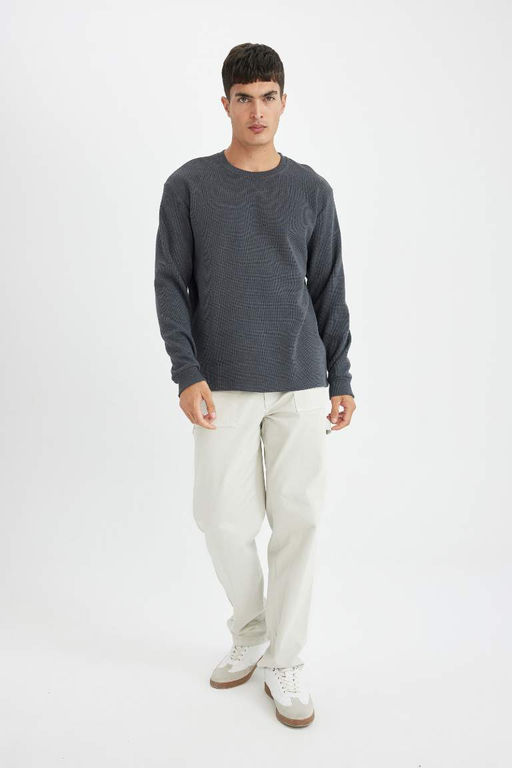 Regular Fit Bisiklet Yaka Waffle Uzun Kollu Tisort - Defacto фото 6