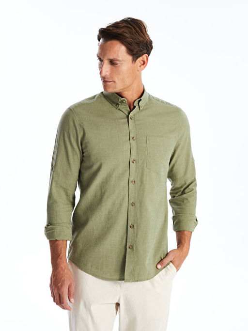 Regular Fit Uzun Kollu Keten Kar???ml? Erkek G?mlek