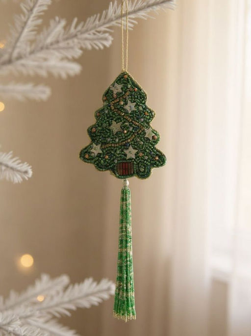Игрушка елочная, 17 см, бисер/полифилл, зеленая, Елка с кисточкой, New year
