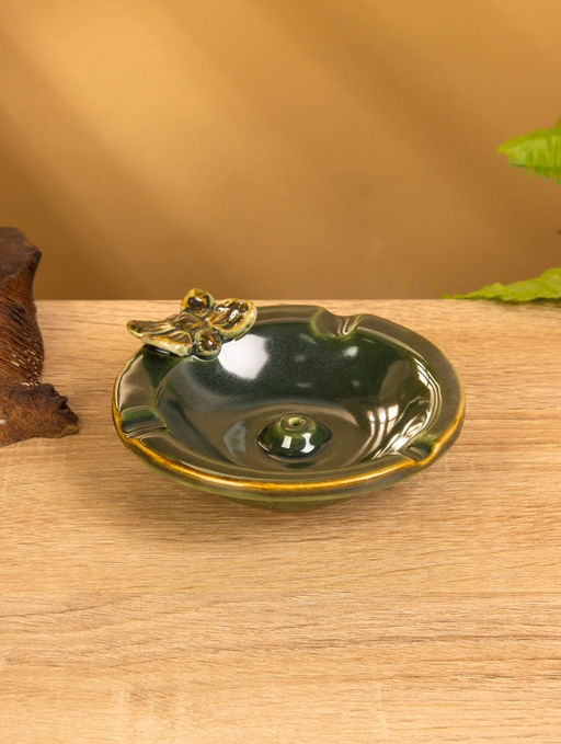 Подставка под благовония «Тарелка с бабочкой», 10×10×3 см, керамика, зелёная