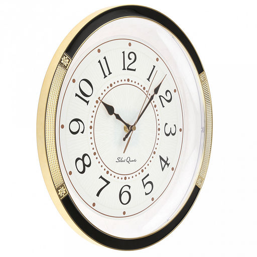 Часы настенные "Мистерия" д34,8см, h5,2см, мягкий ход, циферблат белый/перламутровый; цифры арабские, черный; корпус пластик, прозрачный, обод черный с золотым декором; в коробке (Китай)
