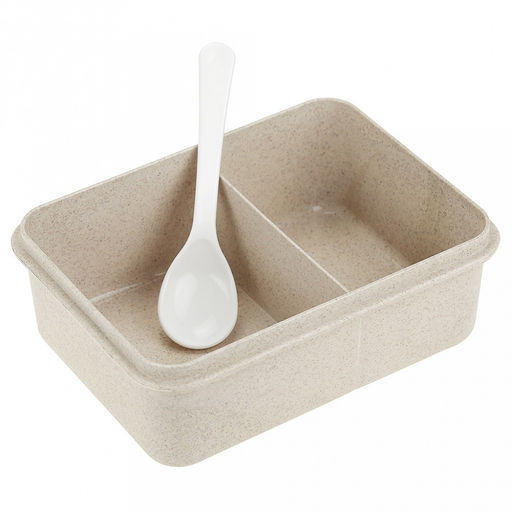 Ланч-бокс для продуктов пластмассовый Эко дом 17,5х13см h7см, 2 отделения 0,85л, с ложкой 13см, крышка прозрачная, с клипсами, с уплотнителем, цвета в ассортименте: бежевый, розовый, голубой (Китай) Пластик с добавлением пшеничных волокон. - Домашняя мода фото 6