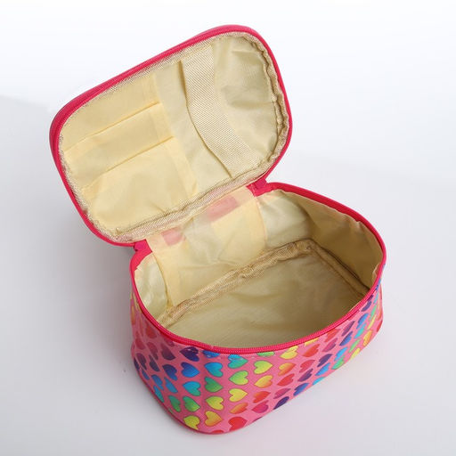 Косметичка - сундучок на молнии, на подкладке, с ручкой, зеркалом, с рисунком, молочная