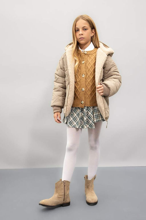 Плюшевое пальто с капюшоном и карманами на двусторонней молнии для девочек - Defacto фото 5