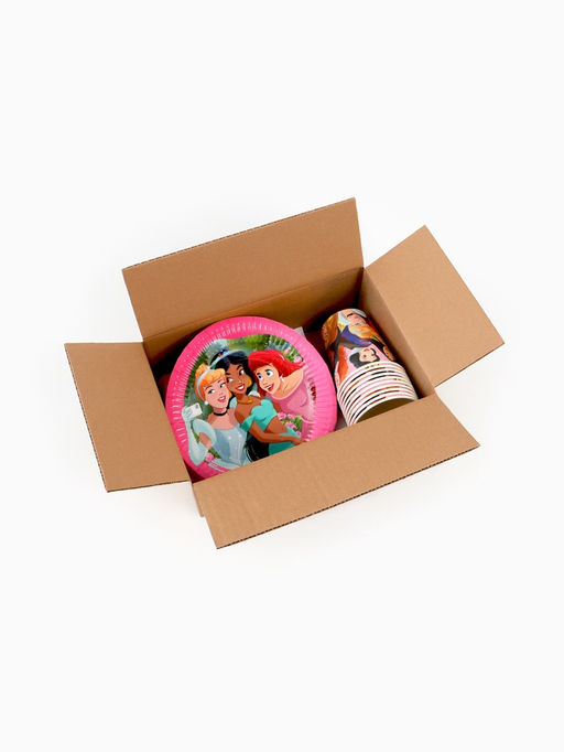 Посуда одноразовая бумажная на 10 персон: стаканы, тарелки, скатерть, Принцессы