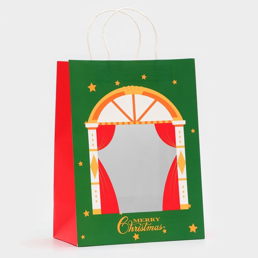 Цена за 12 шт. Пакет подарочный новогодний крафт с окном Театр 26?35?16 см