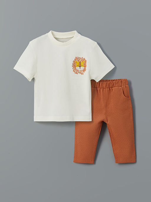 Bisiklet Yaka Bask?l? Erkek Bebek Ti??rt ve Pantolon 2li