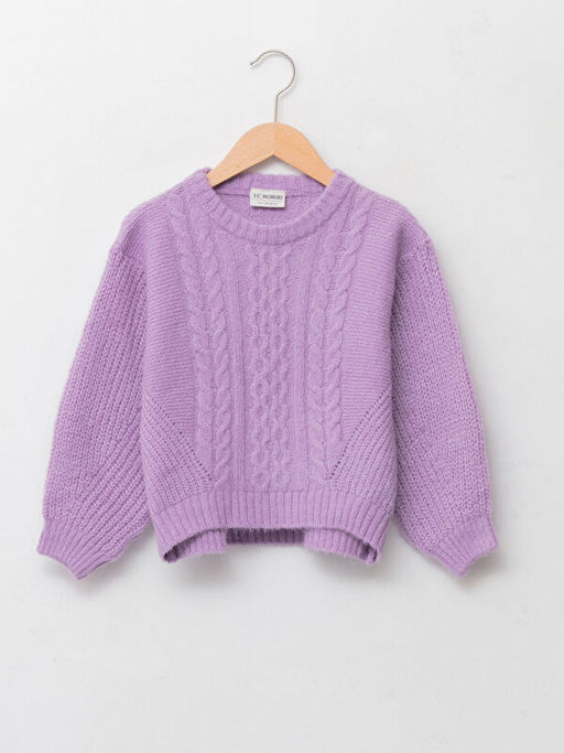 Bisiklet Yaka Sa? ?rg?s? Desenli Uzun Kollu K?z ?ocuk Triko Kazak