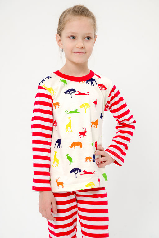 Пижама детская из джемпера и брюк без манжет из интерлока Сафари красный полоса - Амадэль фото 25