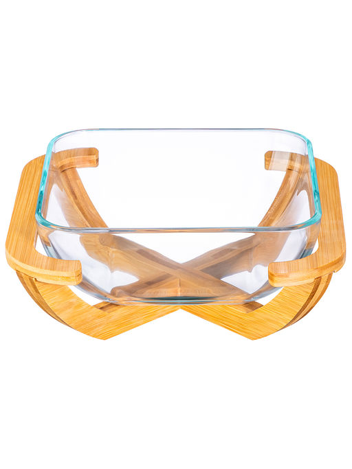 Блюдо для сервировки и запекания 2 л 24,5*24,5*10 см "GLASKRAFT" квадратное с бамбуковой подставкой