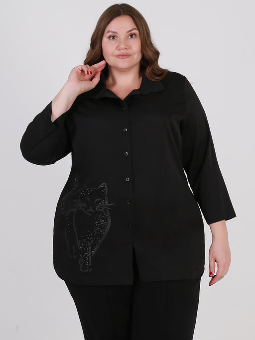 Черная рубашка со стразами больших размеров принт кошка