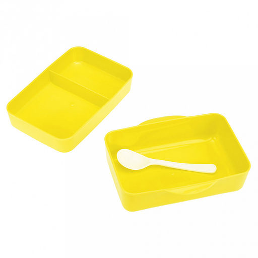 Ланч-бокс для продуктов пластмассовый Офисный обед 18,5х14,5см h10см, 2 уровня: 0,5л 17,7х11,8см h3,5см; 0,7л, 17х11,2см h5см, с ложкой 13,5см, крышка прозрачная, с клипсами, с уплотнителем, матовый пластик, цвета в ассортименте: фуксия, синий, жел - Домашняя мода фото 6