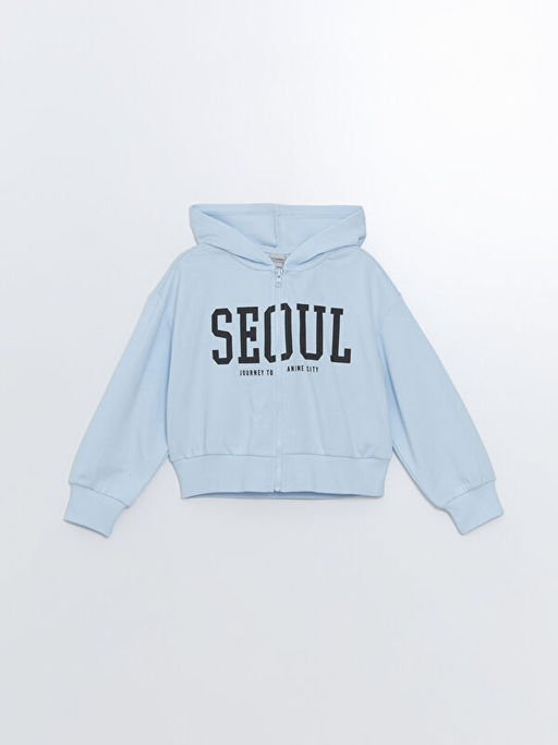 Kap??onlu Bask?l? Uzun Kollu K?z ?ocuk Fermuarl? Sweatshirt