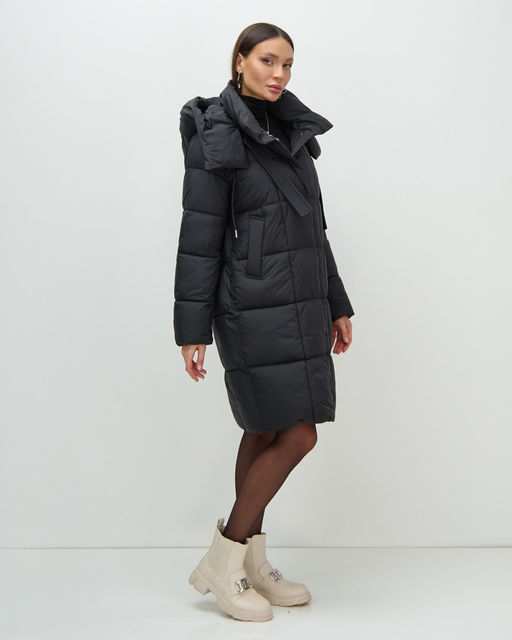 Пальто зимнее утепленное с капюшоном женское черного цвета 7700Ch - Visdeer фото 8