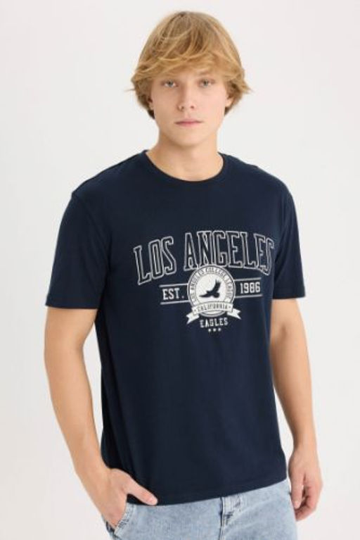 Regular Fit Bisiklet Yaka Bask?l? K?sa Kollu Tisort