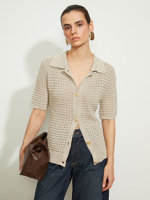 Polo Yaka Ajurlu Kad?n Triko Yelek