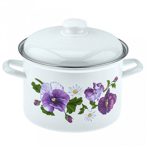 "Анютины глазки" Кастрюля эмалированная 4,5л, форма цилиндрическая, металлическая крышка с пластмассовой ручкой-кнопкой, нержавеющий ободок (Россия)