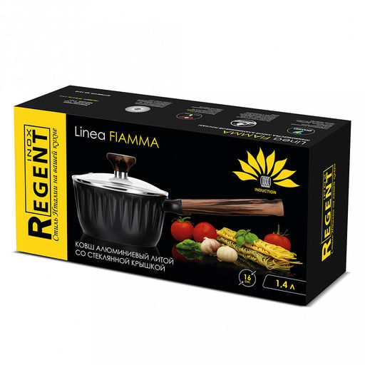 Ковш с антипригарным покрытием Fiamma 1,4л, д16см, h14см, s1,6мм, дно s4,5мм, литой алюминий, стеклянная крышка, пароотвод, бакелитовая ручка с покрытием soft-touch 18,5см, капсульное дно, Regent (Китай) Подходит для всех видов плит, включая ин - Домашняя мода фото 3