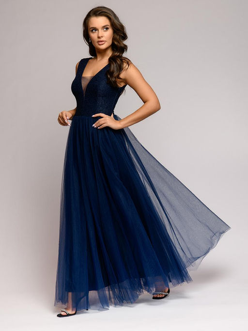 Платье темно-синее длины макси с кружевной отделкой без рукавов - 1001dress фото 3