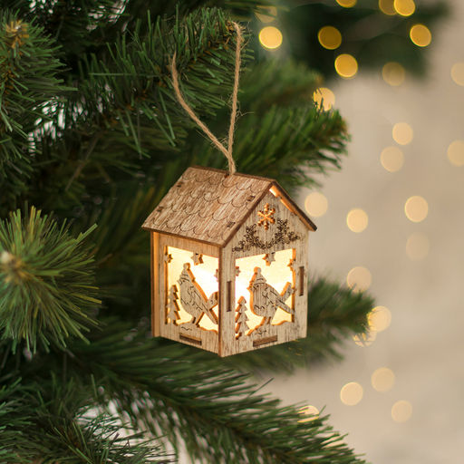 Ёлочная игрушка Домик с птицей, 8х5х6 см, 1 LED, от батареек, свечение тёплое белое