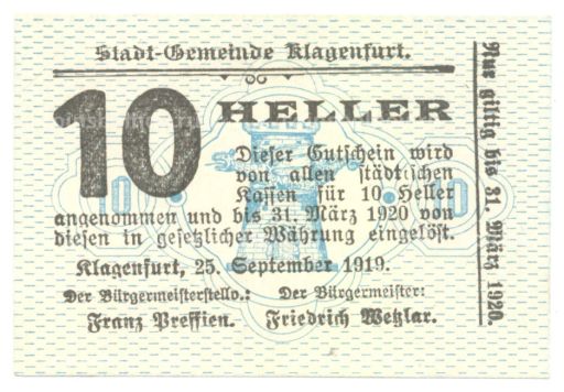10 геллеров 1919 года Австрия Нотгельд