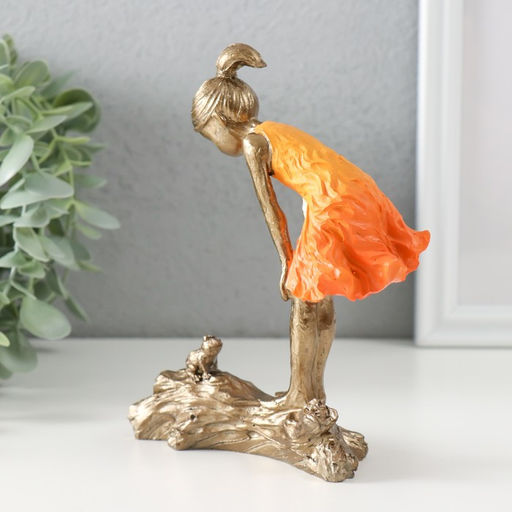 Цена за 2 шт. Сувенир полистоун "Малышка и лягушонок" бронза, оранжевый 12х5х15 см