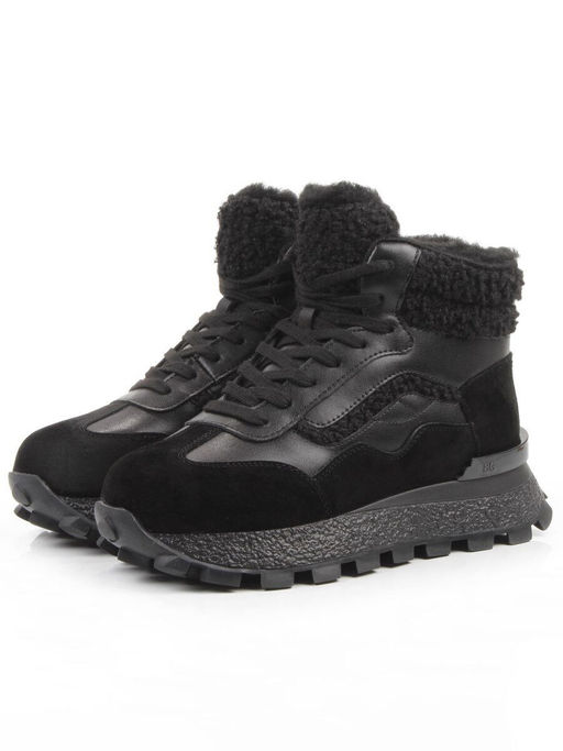 04-WG042-1M BLACK Кроссовки зимние женские (натуральная кожа, натуральная замша, 100% шерсть)