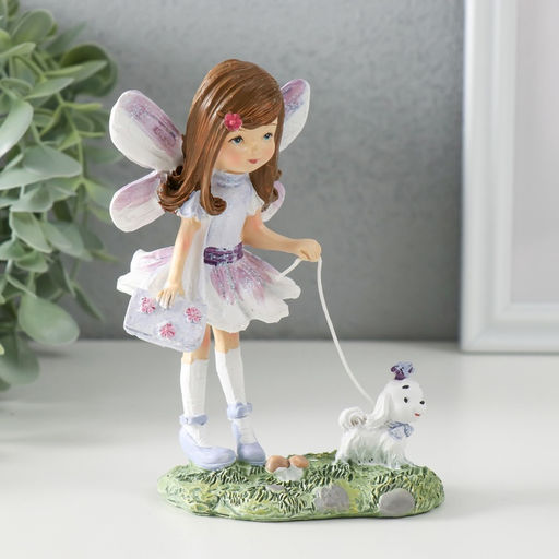 Фигурка полистоун Малышка в сиреневом платье с крыльями, выгуливает собачку, 10?7?13 см