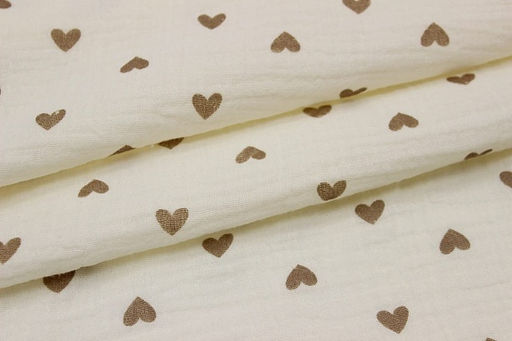 Муслин двухслойный с эф.жатости Бежевые сердечки цв.сливочный, ш.1.4м, хлопок-100%, 120гр/м.кв - Купава фото 3