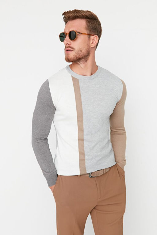 Gri Slim Fit Pamuklu Bisiklet Yaka Renk Bloklu Triko Kazak TMNAW21KZ0566 - Trendyolmilla фото 2