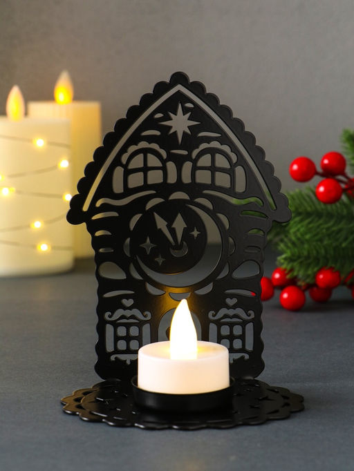 Подсвечник на 1 свечу Домик новогодний с часами, металл, чёрный, 6.7?10?13.5 см