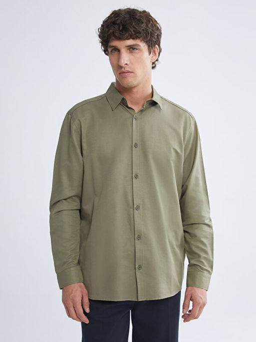 ?nden D??me Kapamal? D?z Uzun Kollu Erkek G?mlek