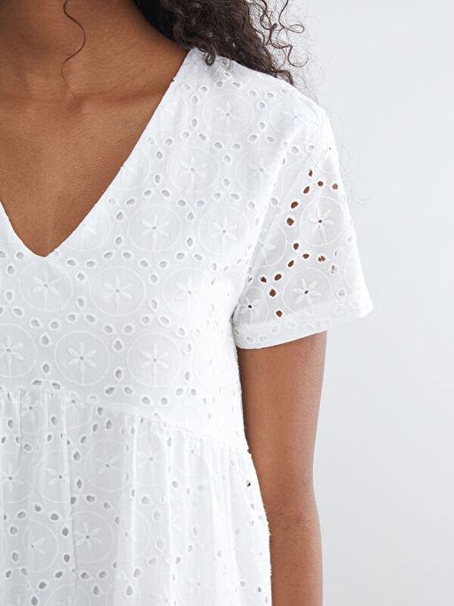 V Yaka Ajurlu Katkat B?zg?l? Brode Elbise