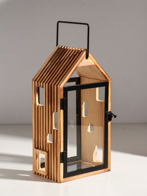 Подсвечник дерево "Дом с панорамным окном" набор 2 шт 10х15х28,5 15х20х36 см